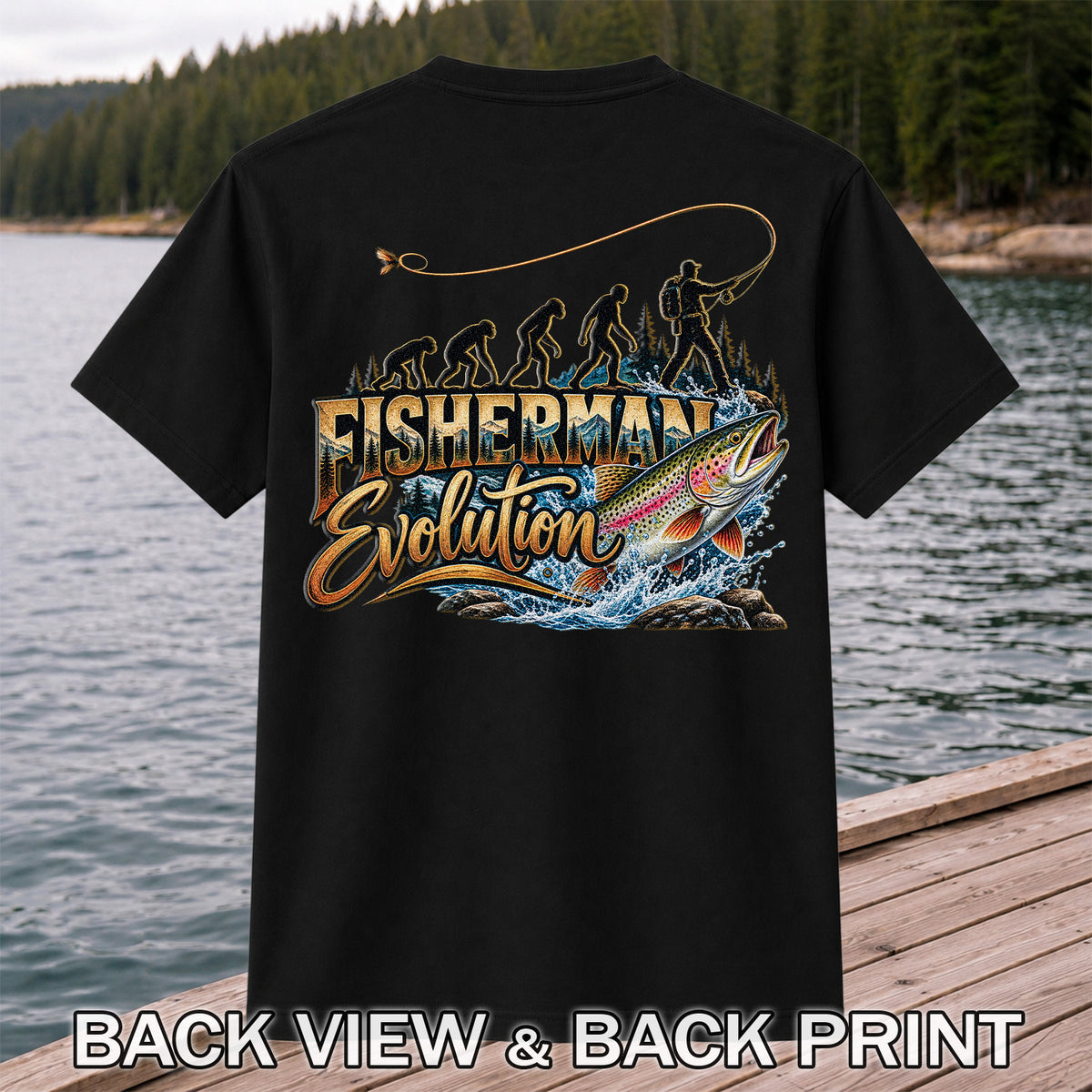 Fisherman Evolution Rainbow Trout Fly Fishing Graphic T-Shirt | Back Print
