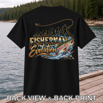 Fisherman Evolution Rainbow Trout Fly Fishing Graphic T-Shirt | Back Print