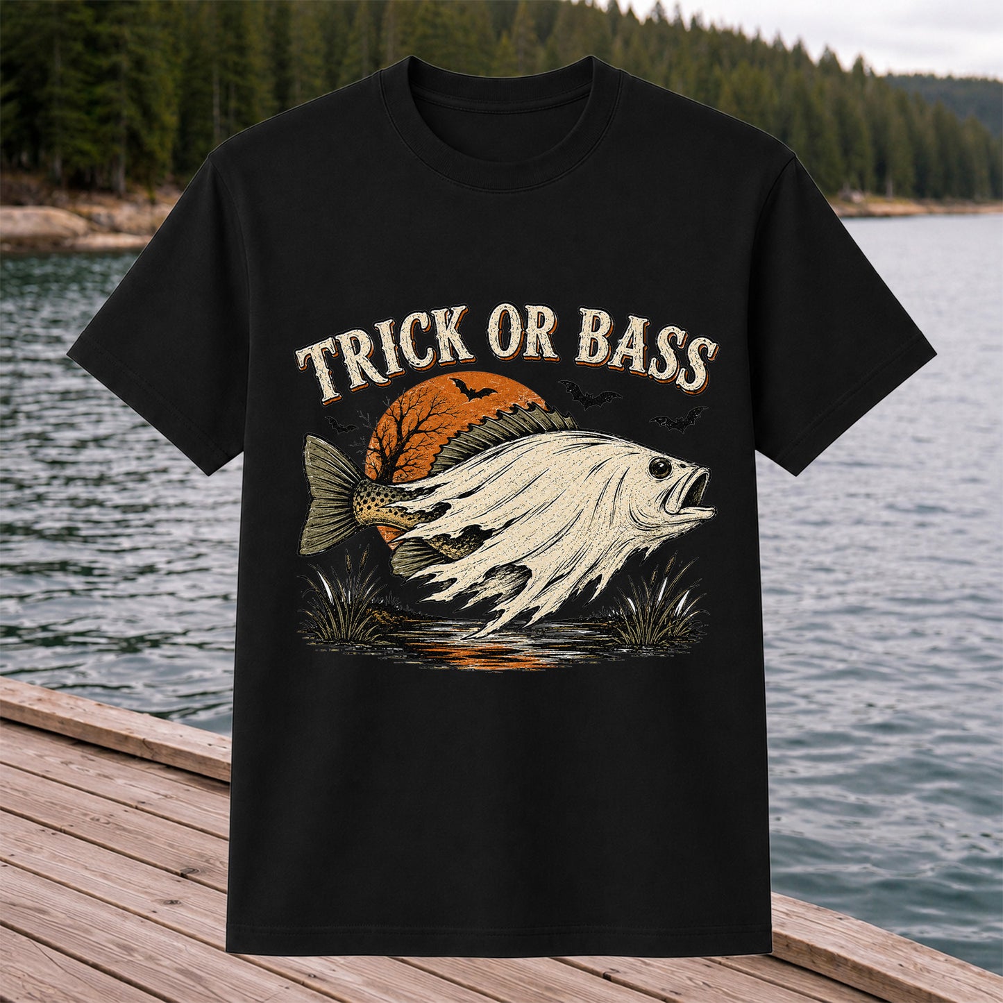 Trick or Bass Halloween Fishing T-Shirt, Vintage Trout Angler Tee