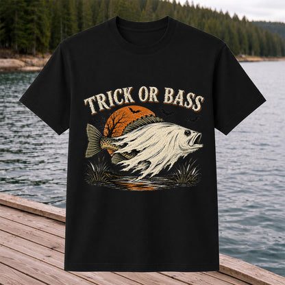 Trick or Bass Halloween Fishing T-Shirt, Vintage Trout Angler Tee