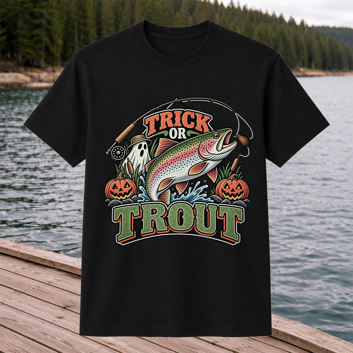 Trick or Trout Rainbow Trout Ghost and Pumpkins Halloween Fishing T-Shirt