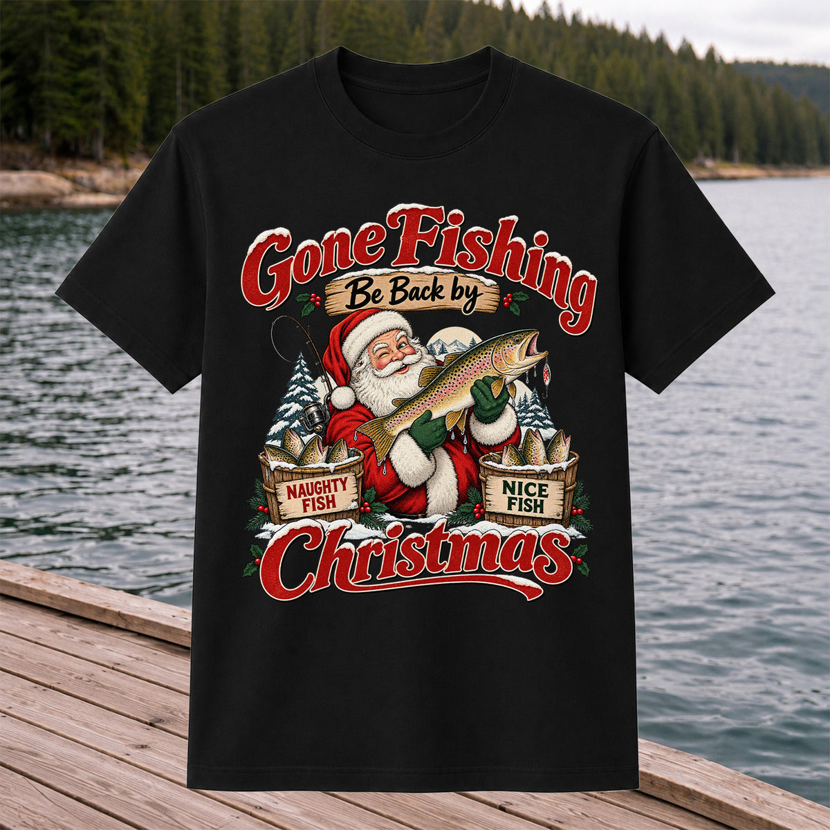 Gone Fishing Be Back by Christmas Santa Trout T-Shirt