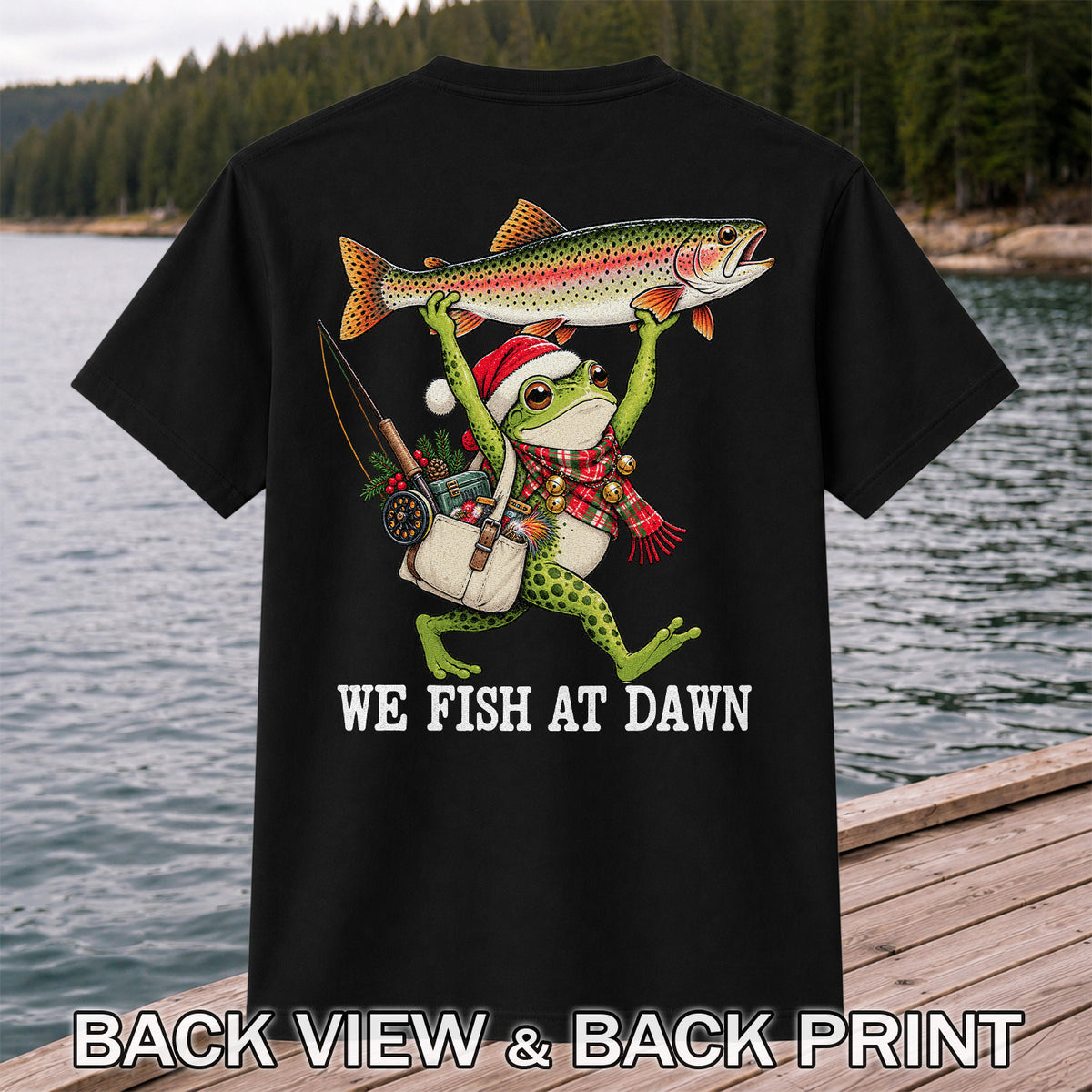 Frog Holding Rainbow Trout Fishing at Dawn Graphic T-Shirt | Back Print