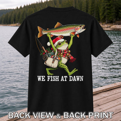 Frog Holding Rainbow Trout Fishing at Dawn Graphic T-Shirt | Back Print