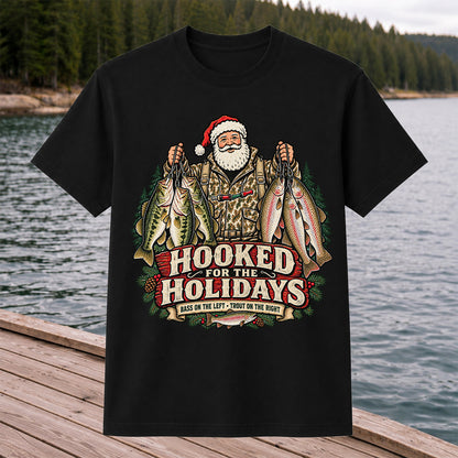 Hooked for the Holidays Bass on the Left Trout on the Right Santa Christmas Fishing T-Shirt