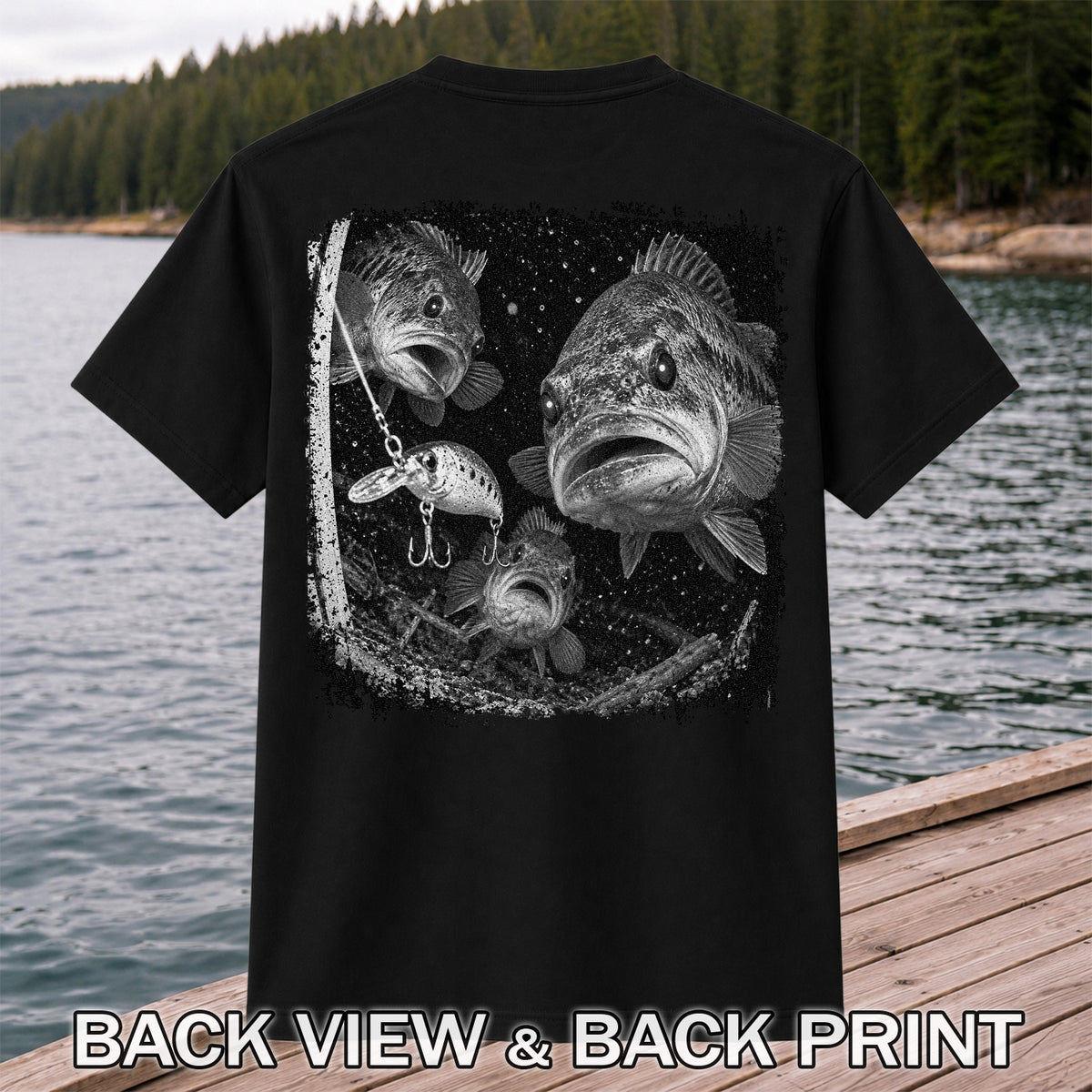 Vintage Bass Fishing Graphic T-Shirt with Underwater Fish Artwork | Back Print