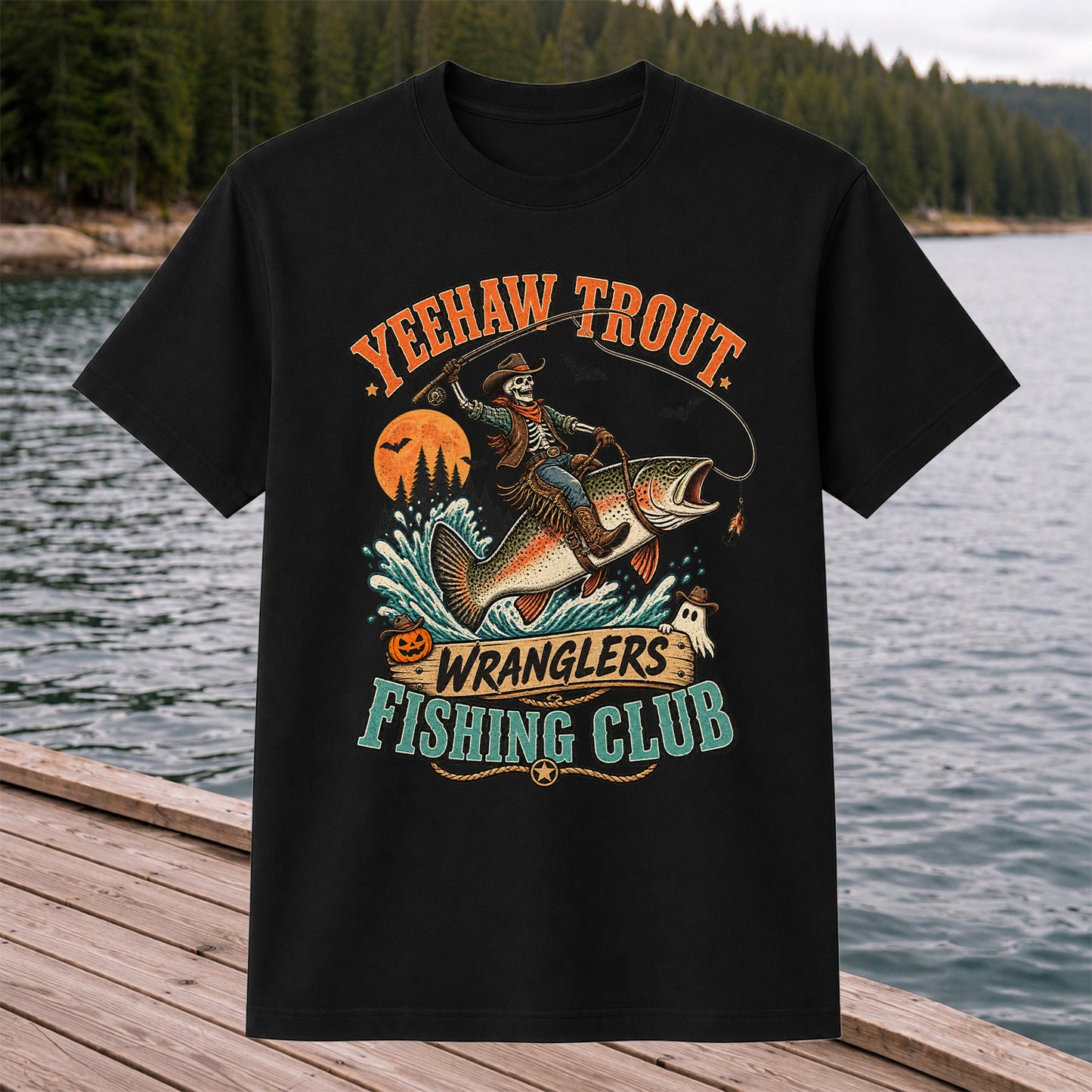 Yeehaw Trout Wranglers Fishing Club Halloween Skeleton Cowboy T-Shirt