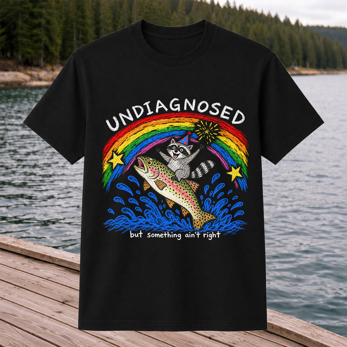 Undiagnosed But Something Ain't Right Raccoon Riding Trout T-Shirt