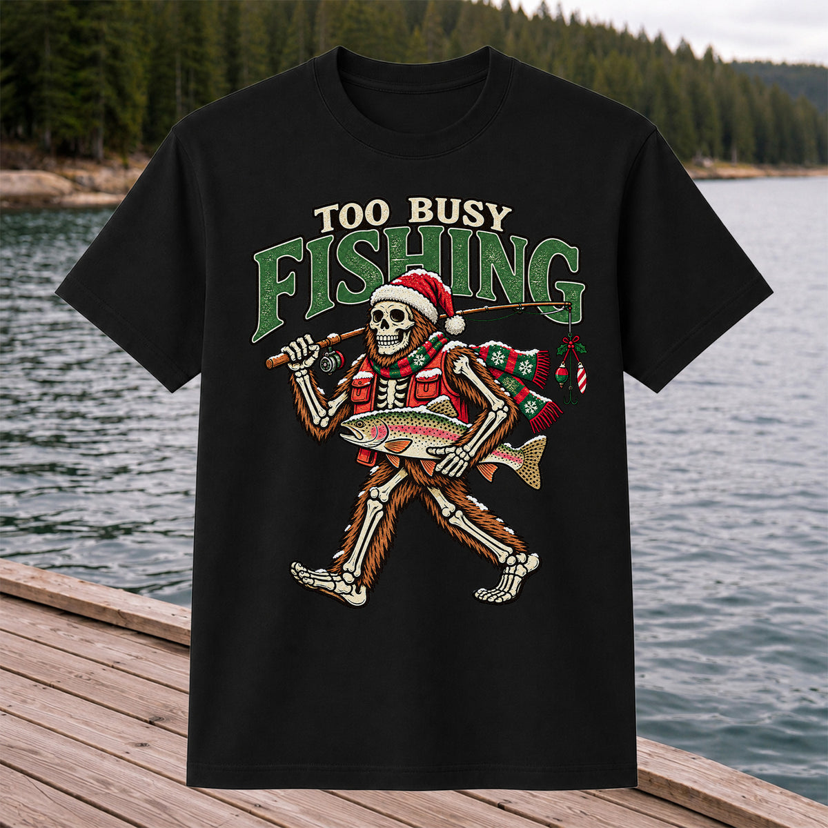 Too Busy Fishing Bigfoot Skeleton Christmas Trout T-Shirt