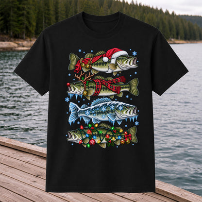 Christmas Bass with Santa Hat and Holiday Lights Fishing T-Shirt