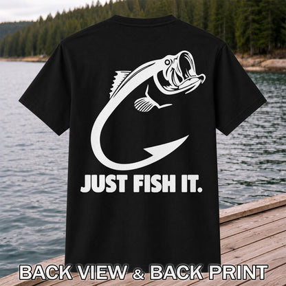 Just Fish It Bass and Fishing Hook Graphic T-Shirt | Back Print