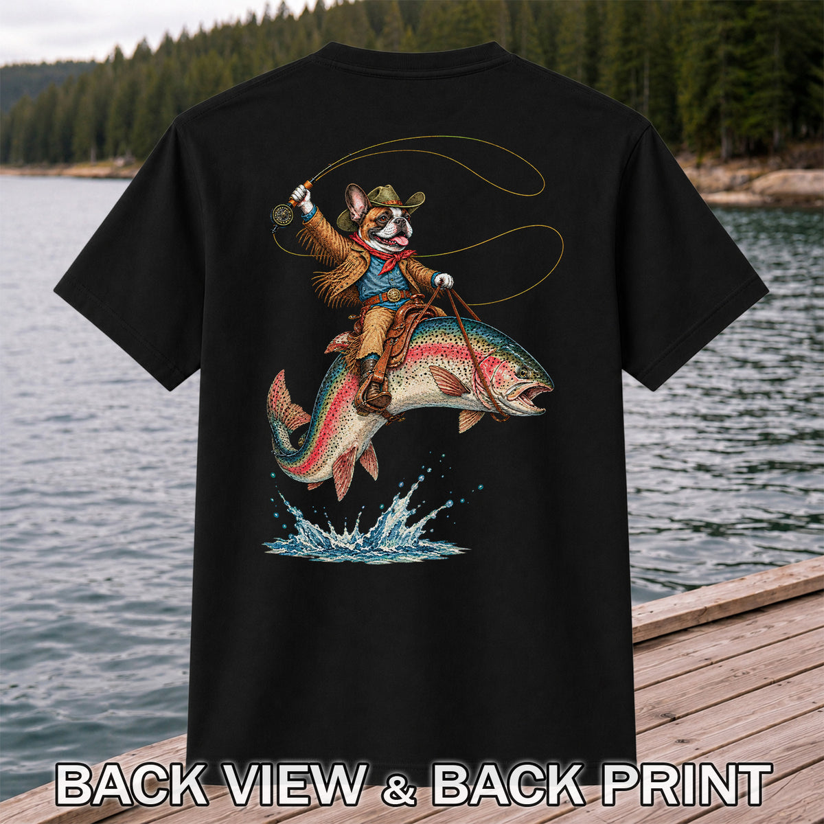 Cowboy French Bulldog Riding a Rainbow Trout Fishing T-Shirt | Back Print