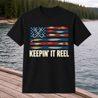 Keepin' It Reel American Flag Fishing Lures Graphic T-Shirt