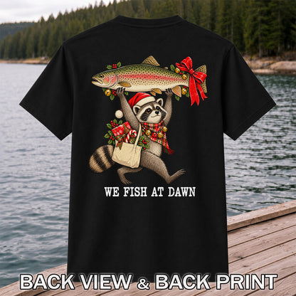 Christmas Raccoon Holding Rainbow Trout Fishing T-Shirt | Back Print