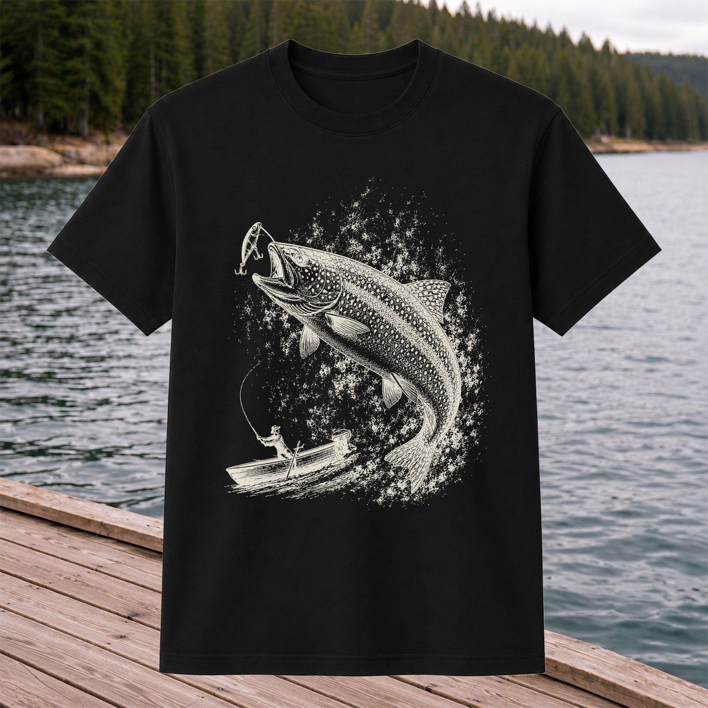 Leaping Trout Striking Lure from Fishing Boat Graphic T-Shirt