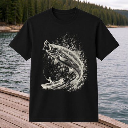 Leaping Trout Striking Lure from Fishing Boat Graphic T-Shirt