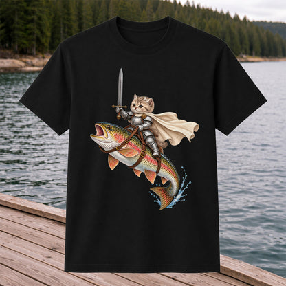 Cat Knight Riding a Rainbow Trout Fishing Graphic T-Shirt