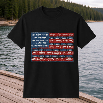 American Flag Made of Fish Patriotic Fishing Graphic T-Shirt