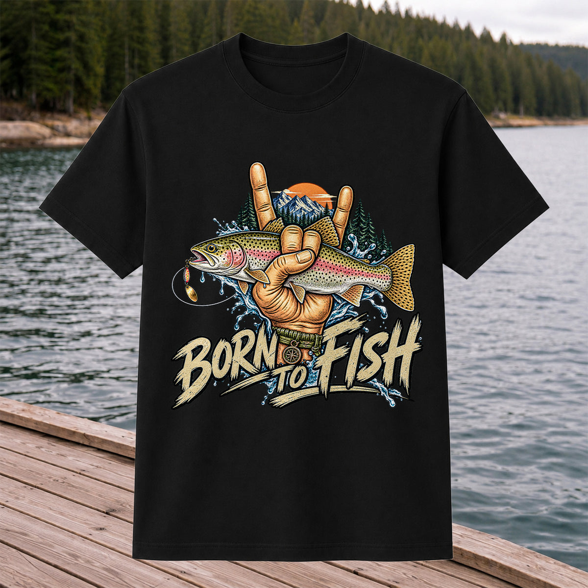 Born to Fish Rainbow Trout Rock Hand Sign Fishing T-Shirt