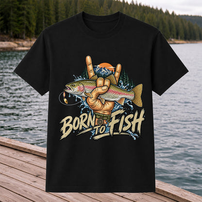 Born to Fish Rainbow Trout Rock Hand Sign Fishing T-Shirt