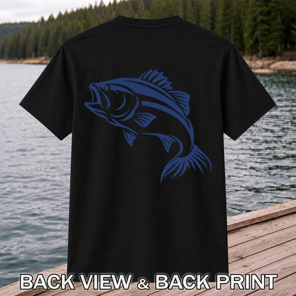 Blue Bass Fishing Line Art Graphic T-Shirt | Back Print