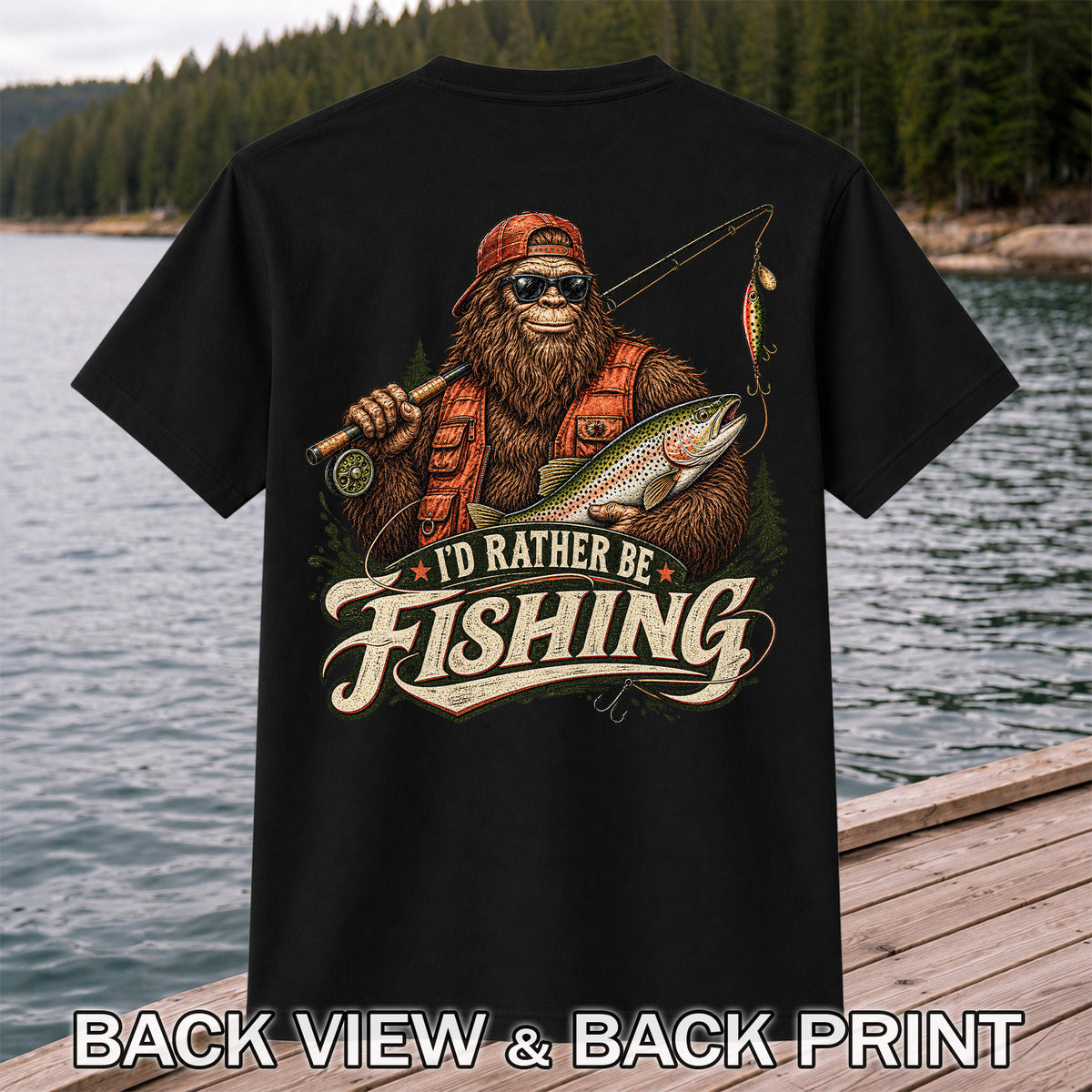 Bigfoot Holding Trout Funny Fishing Graphic T-Shirt | Back Print
