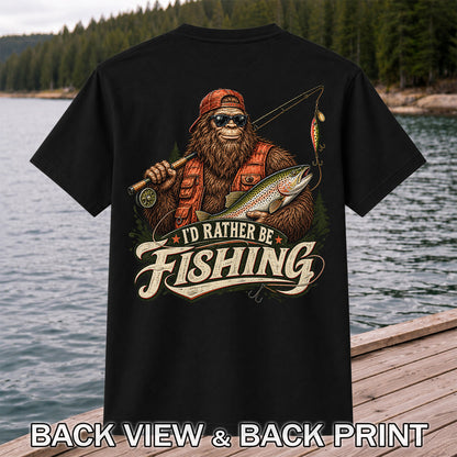 Bigfoot Holding Trout Funny Fishing Graphic T-Shirt | Back Print