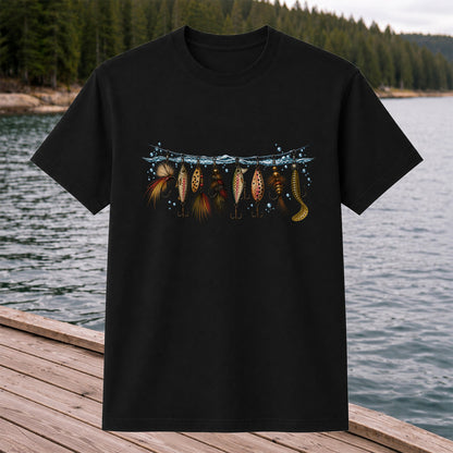 Vintage Fishing Lures Hanging from a Waterline Graphic T-Shirt