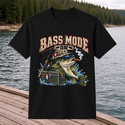 Bass Mode On Funny Bass with Cigar Fishing Graphic T-Shirt