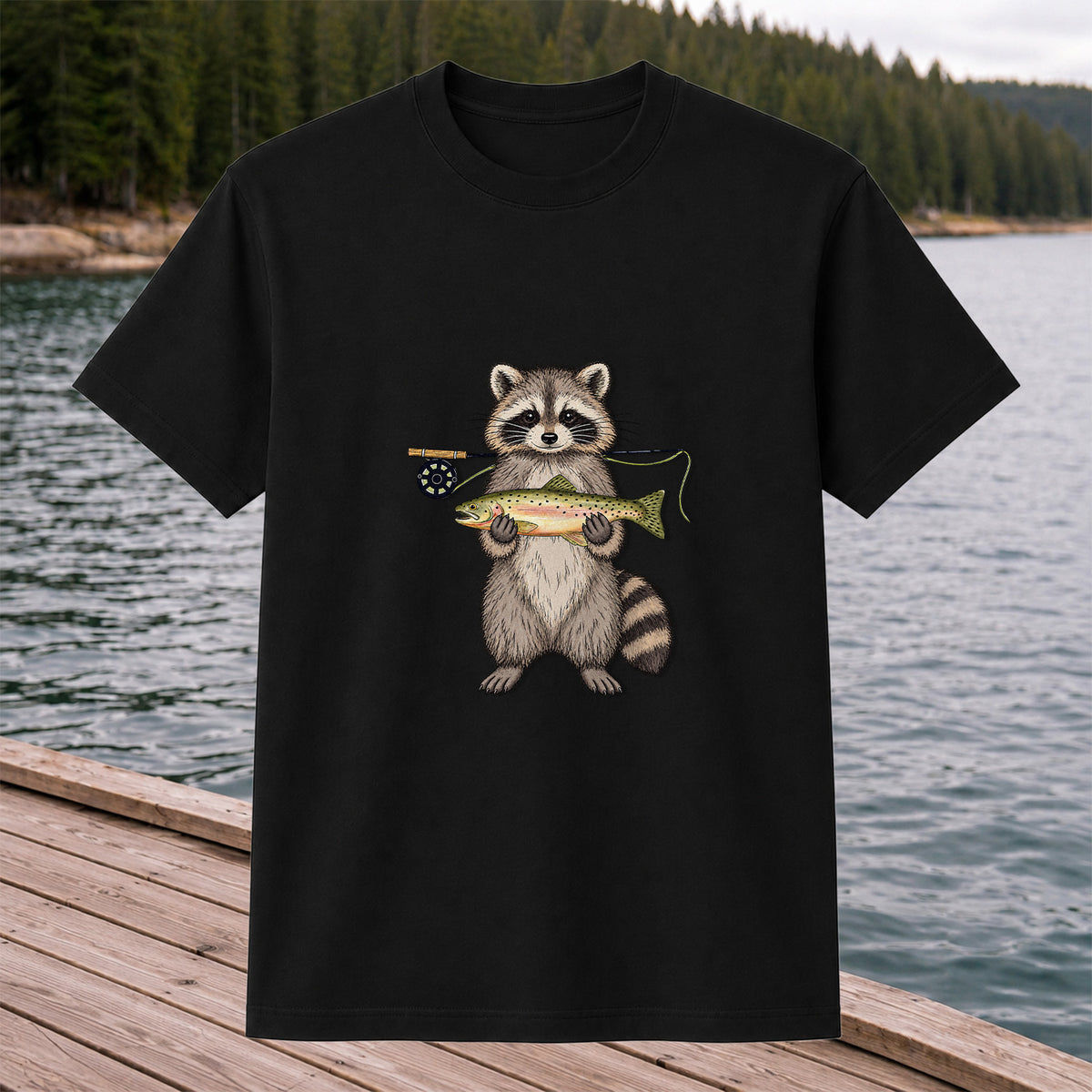 Cute Raccoon Holding Rainbow Trout Fly Fishing Graphic T-Shirt