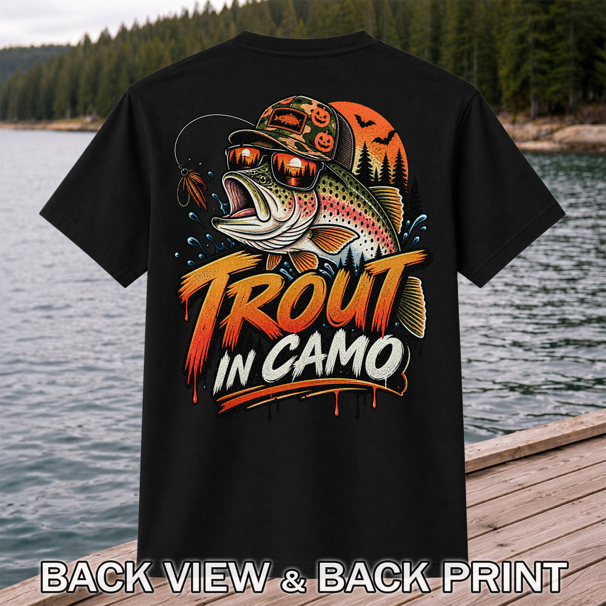 Trout in Camo Halloween Rainbow Trout Fishing Graphic T-Shirt | Back Print