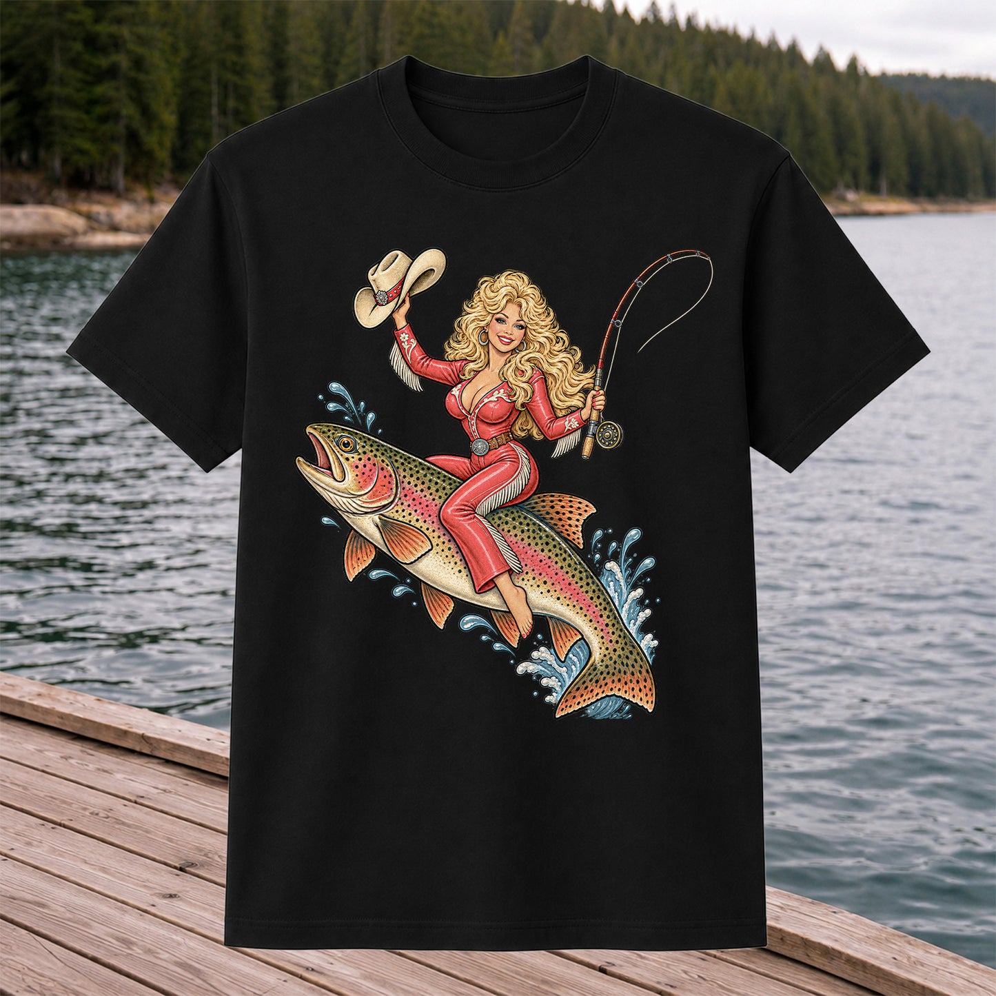 Cowgirl Riding a Rainbow Trout Western Fishing Graphic T-Shirt
