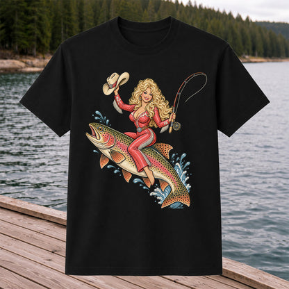 Cowgirl Riding a Rainbow Trout Western Fishing Graphic T-Shirt