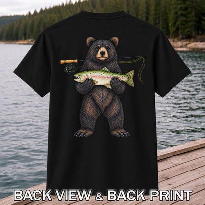 Black Bear Holding Rainbow Trout Fly Fishing Graphic T-Shirt | Back Print