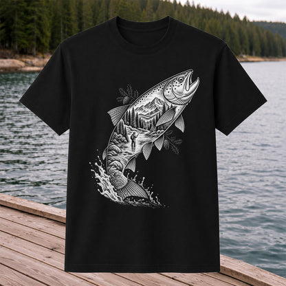 Leaping Trout with Mountain River and Angler Fishing Graphic T-Shirt