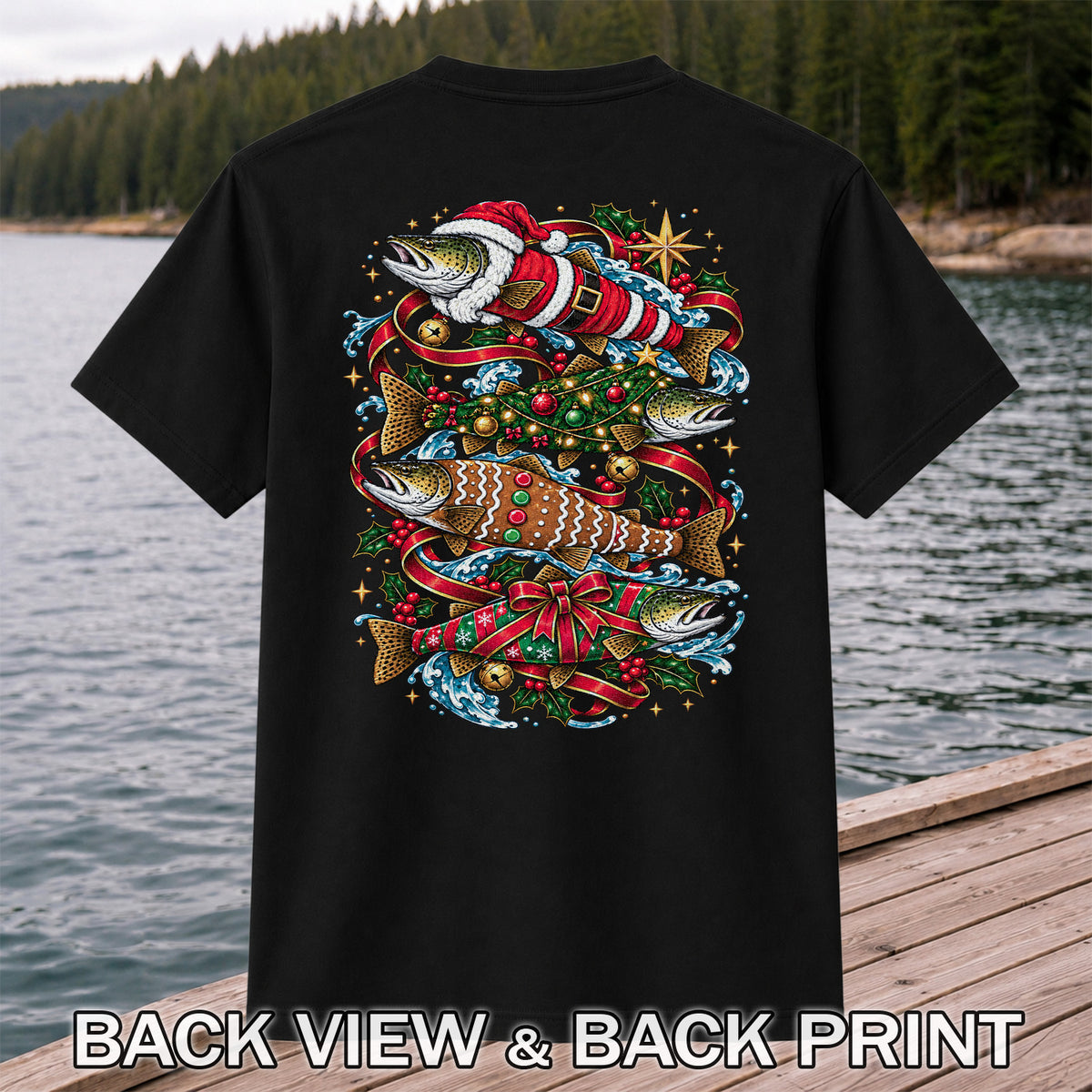 Santa and Gingerbread Trout Christmas Fishing Graphic T-Shirt | Back Print