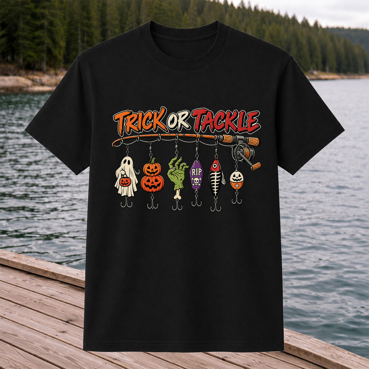Trick or Tackle Halloween Ghost and Pumpkin Fishing Lures T-Shirt
