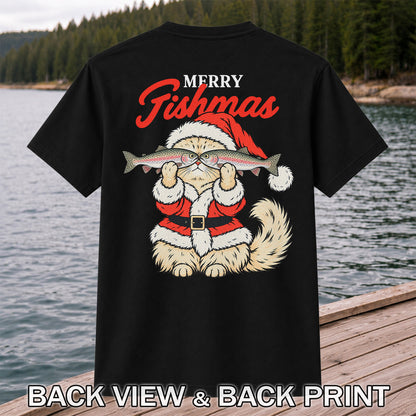 Santa Cat Holding Trout Merry Christmas Fishing T-Shirt | Back Print