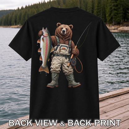 Bear Fishing with Rainbow Trout Outdoor Graphic T-Shirt | Back Print