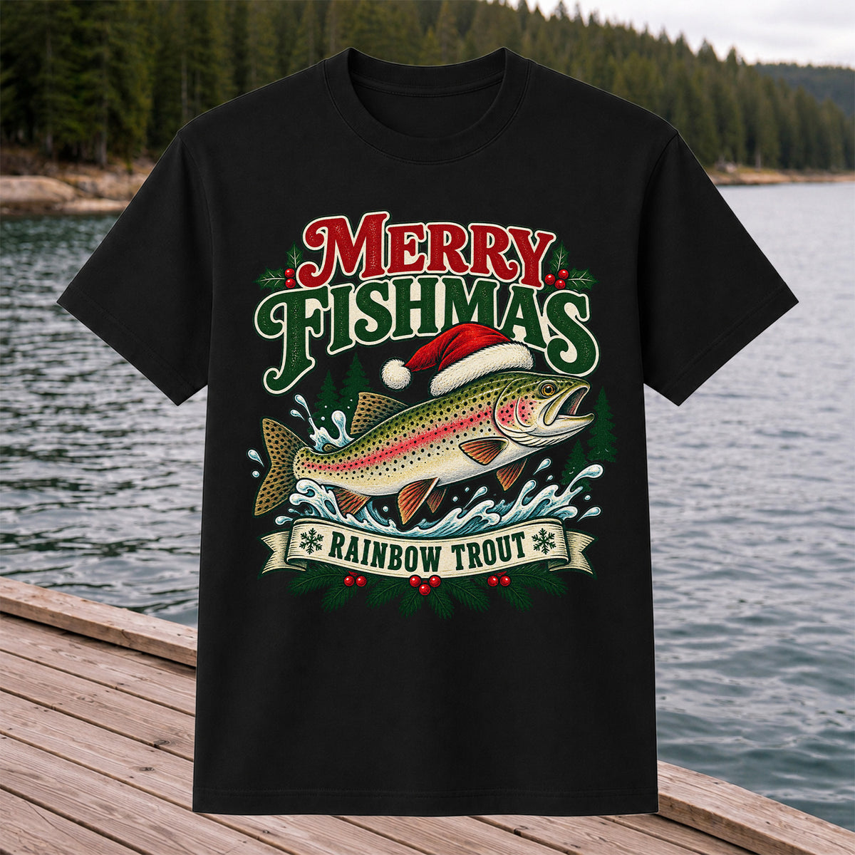 Merry Fishmas Rainbow Trout in Santa Hat Christmas Fishing T-Shirt