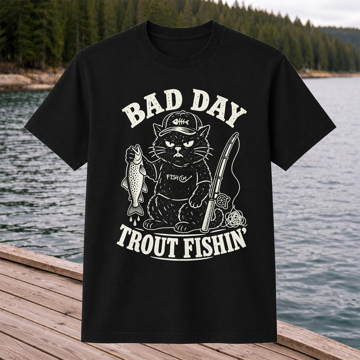 Bad Day Trout Fishin' Fish On Grumpy Black Cat Funny Fishing T-Shirt