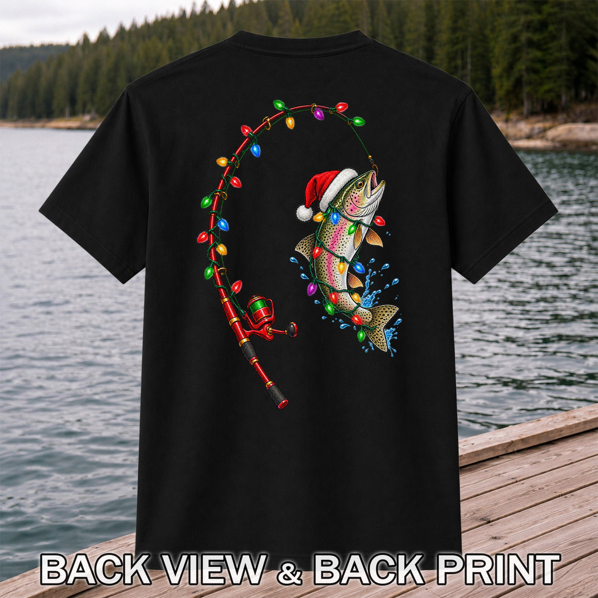 Christmas Rainbow Trout with Santa Hat and Lights Fishing T-Shirt | Back Print