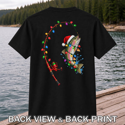 Christmas Rainbow Trout with Santa Hat and Lights Fishing T-Shirt | Back Print