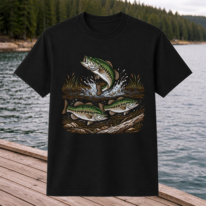 Largemouth Bass Jumping River Fishing Graphic T-Shirt