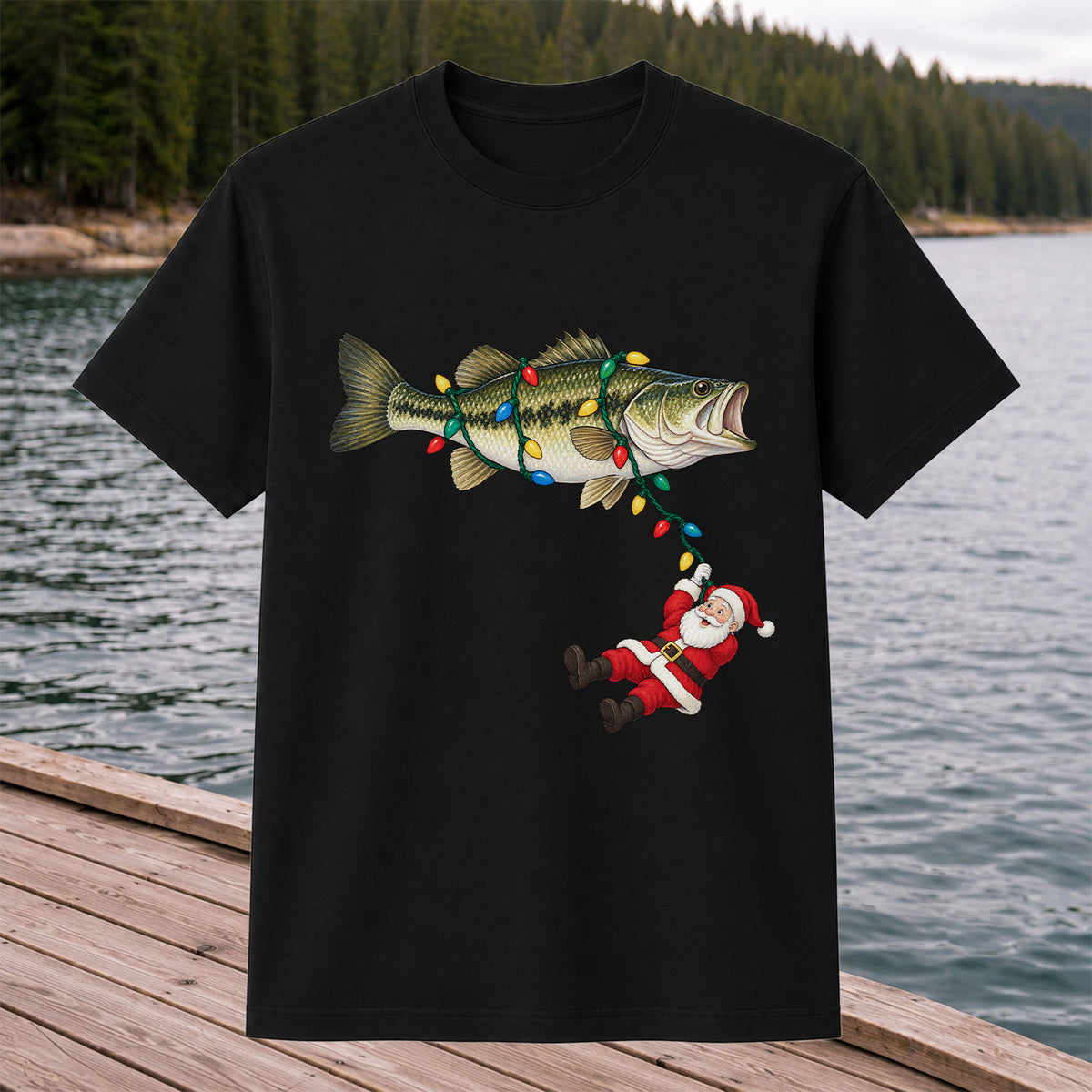 Santa Hanging from Christmas Lights on Bass Fishing Graphic T-Shirt