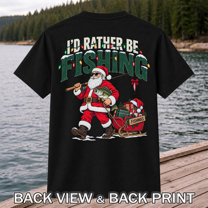 Santa Fishing with Bass Christmas Graphic T-Shirt | Back Print