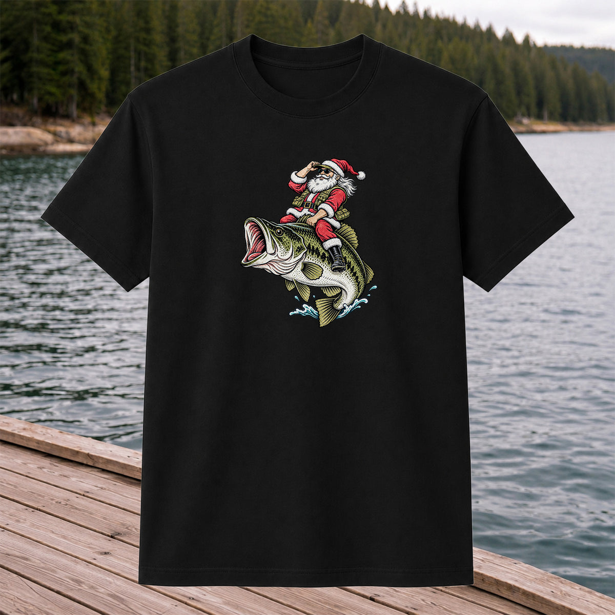Santa Riding Largemouth Bass Christmas Fishing Graphic T-Shirt