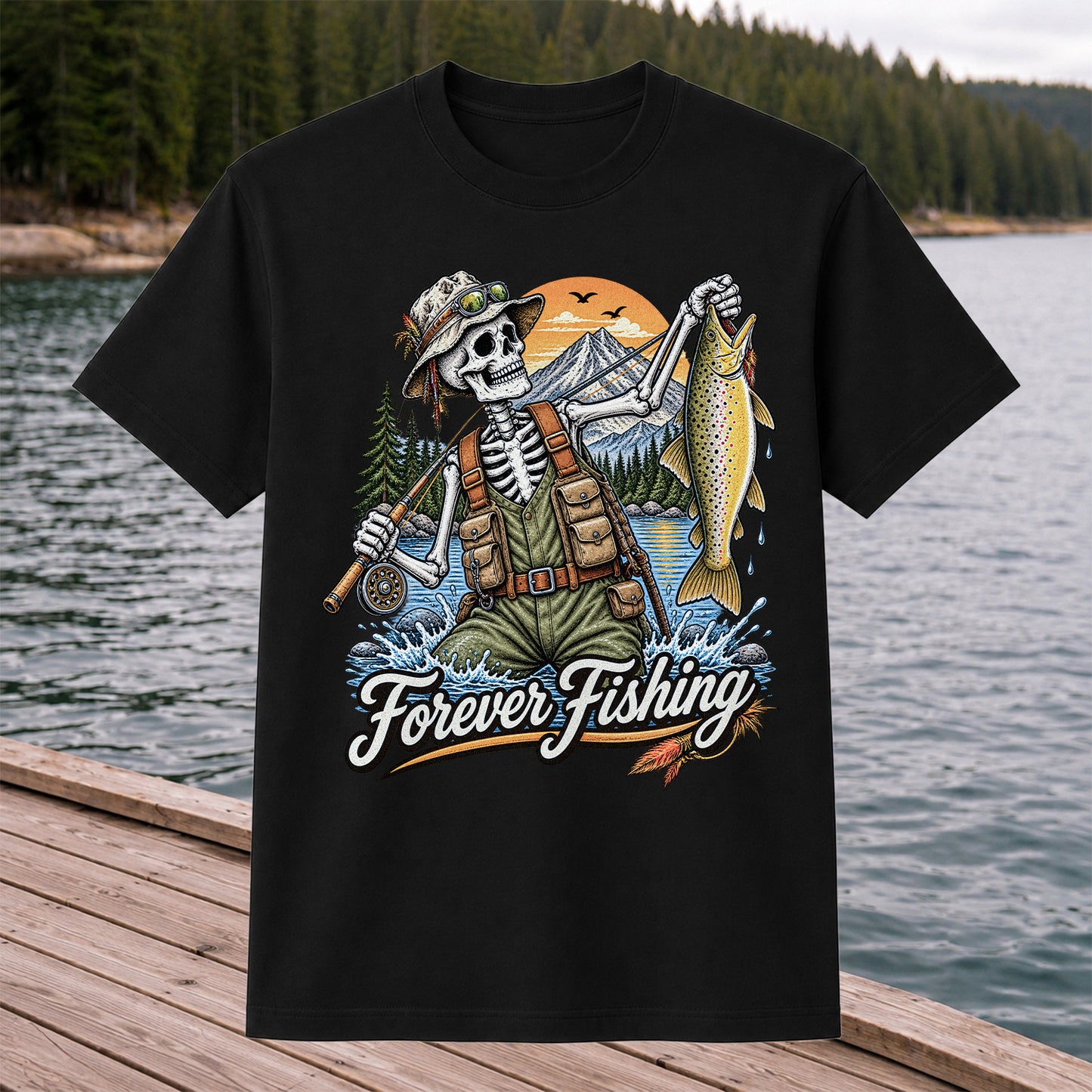 Forever Fishing Skeleton Angler Holding Brown Trout Graphic T-Shirt