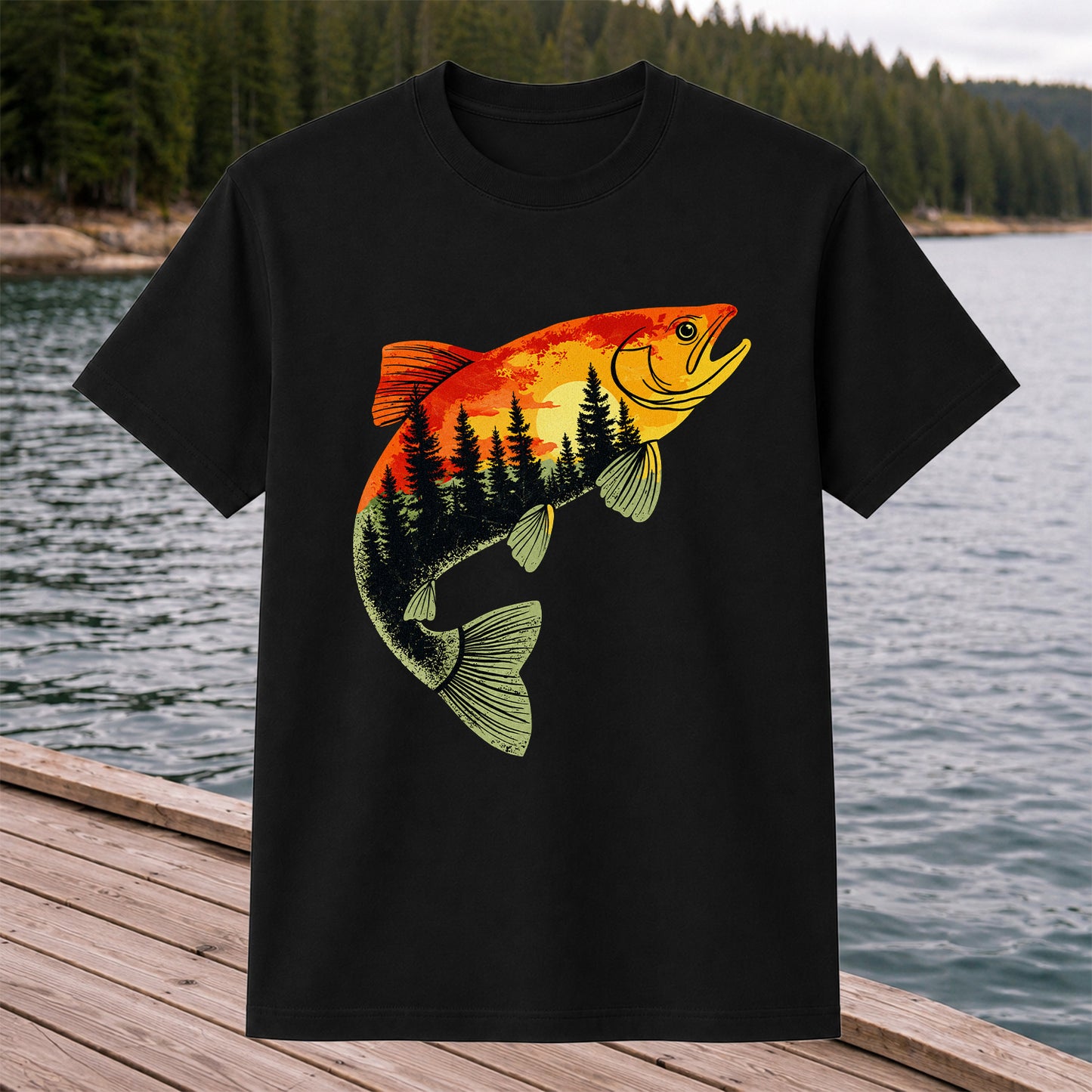 Sunset Forest Trout Fishing Graphic T-Shirt