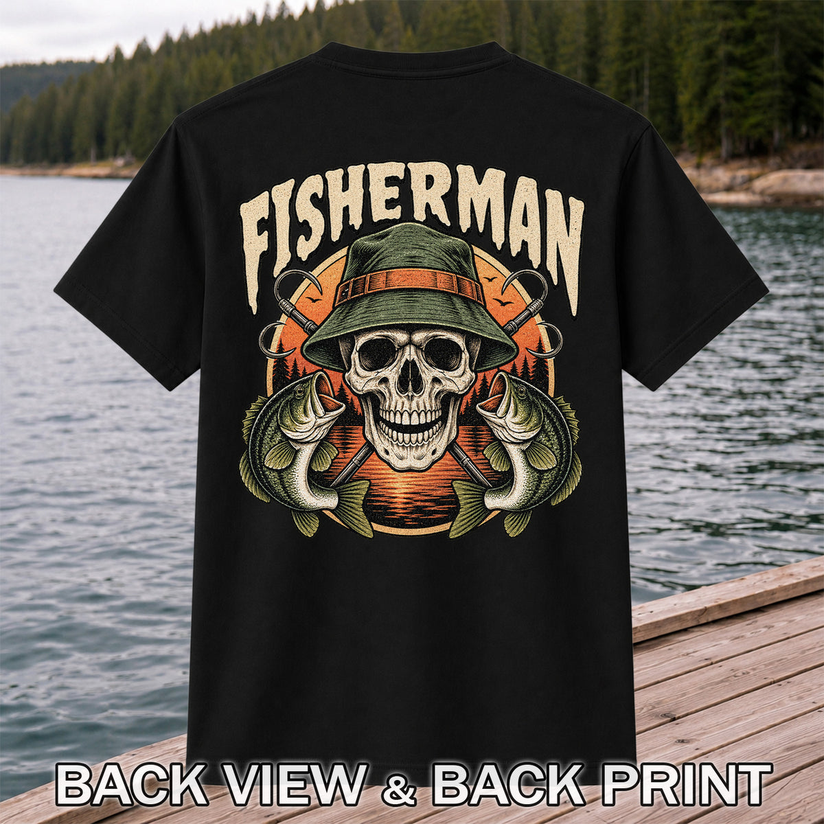 Fisherman Skull with Bucket Hat and Bass Fishing Graphic T-Shirt | Back Print